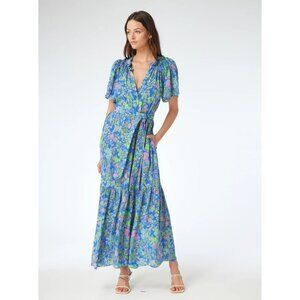Gilner Farrar Sydney Maxi Dress Blue Green Floral Print Boho Chic Size Large